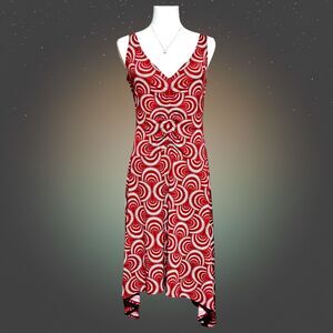 London Times Sz 6 Midi Dress Red White Retro Modern Handkerchief Hem Stretch